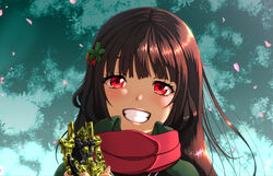  beam_rifle black_sailor_collar black_serafuku brown_hair cherry_blossoms commentary_request energy_gun female girls&#039;_frontline grin gundam gunpla hair_ornament holding hyaku_shiki long_hair looking_at_viewer mecha model_kit name_connection ouga_(user_ctzw2237) petals red_eyes red_scarf robot sailor_collar scarf school_uniform serafuku smile solo teeth type_100_(girls&#039;_frontline) upper_body weapon zeta_gundam 