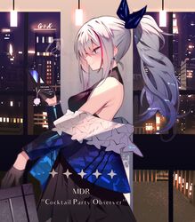  bare_shoulders black_dress black_gloves blue_jacket blush breasts cellphone character_name city commentary cross cross_earrings dress earrings female flip_phone from_side girls&#039;_frontline gloves hair_ribbon holding holding_phone jacket jewelry long_hair mdr_(cocktail_observer)_(girls&#039;_frontline) mdr_(girls&#039;_frontline) multicolored_hair musical_note off_shoulder official_alternate_costume phone ponytail profile ribbon smile solo soukou_makura spoken_musical_note streaked_hair white_hair 