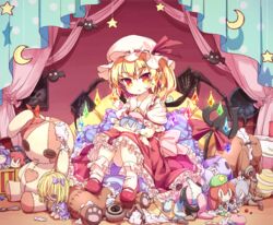  bat_(animal) blonde_hair character_doll commentary crescent_moon crossed_legs crystal curtains damaged doll female flandre_scarlet full_body hat hat_ribbon holding holding_doll holding_stuffed_toy hong_meiling hugging_doll hugging_object indoors isu_(is88) izayoi_sakuya koakuma looking_at_viewer mob_cap moon one_side_up patchouli_knowledge pointy_ears polka_dot_curtains puffy_short_sleeves puffy_sleeves red_eyes red_ribbon remilia_scarlet ribbon short_sleeves sitting solo star_(symbol) stuffed_animal stuffed_rabbit stuffed_toy touhou white_hat wings 