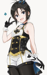  :d absurdres black_corset black_gloves black_hair blue_bow bow breasts clever_clover_(idolmaster) club_(shape) commentary corset cowlick earrings female gloves grey_eyes hair_between_eyes half_gloves hat highres idolmaster idolmaster_(classic) idolmaster_2 idolmaster_million_live! jewelry kikuchi_makoto light_blush looking_at_viewer mini_hat mini_top_hat mogskg open_mouth pantyhose pantyhose_under_shorts parted_bangs pearl_earrings polka_dot short_hair shorts simple_background sleeveless small_breasts smile solo standing top_hat v white_background white_shorts 