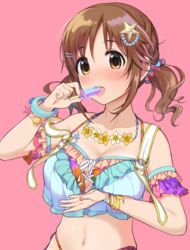  bare_arms bare_shoulders bikini blush bracelet breasts brown_eyes brown_hair cleavage commentary_request crop_top female flower flower_necklace food frilled_bikini frills hair_ornament hands_up highres idolmaster idolmaster_cinderella_girls idolmaster_cinderella_girls_starlight_stage jewelry large_breasts licking looking_at_viewer midriff natsuya_(natuya777) navel necklace pink_background popsicle simple_background solo star_(symbol) star_hair_ornament strap_slip swimsuit tongue tongue_out totoki_airi twintails upper_body 