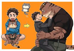  alternate_species anthro biped blush clothing duo facial_hair felid goatee growing_up human interspecies kazumichi_irie kyur4_th_ich larger_anthro male male/male mammal muscular muscular_anthro muscular_male oishi pantherine psycho_pass size_difference smaller_human suit teeth tiger 