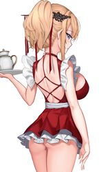  ass azur_lane bad_id bad_twitter_id blonde_hair blue_eyes blush breasts dress female frilled_dress frills glorious_(azur_lane) hair_ornament hair_stick large_breasts looking_at_viewer ponytail red_dress short_dress short_hair sidelocks simple_background solaris_(sinhyg) solo teapot tray white_background 