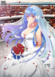  ahoge azur_lane blurry blurry_background blush bouquet breasts bridal_veil cleavage commentary dress english_commentary engrish_commentary female flower gloves helena_(azur_lane) helena_(miracle_in_white)_(azur_lane) highres holding holding_bouquet long_hair lukmanscootkenn medium_breasts purple_eyes qr_code red_flower red_rose rose smile veil wedding_dress white_dress white_gloves 