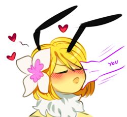  accessory antennae_(anatomy) anthro arthropod bianca_(lui-ra) blonde_hair blush closed_eyes eyebrows female flower flower_in_hair hair hair_accessory heart_symbol humanoid lui-ra plant simple_background solo white_background yellow_body 