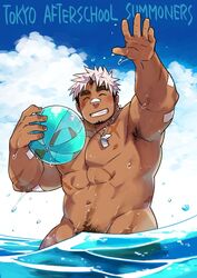  1boy abs akiha_gongen_(housamo) bandaid bandaid_on_face bandaid_on_nose bara blue_sky closed_eyes dark-skinned_male dark_skin facial_hair goatee horns kuro_nezumi_inu large_pectorals male_focus mature_male multicolored_hair muscular muscular_male outdoors pectorals scar short_hair sideburns single_horn sky solo thick_eyebrows tokyo_afterschool_summoners two-tone_hair water waving white_hair 