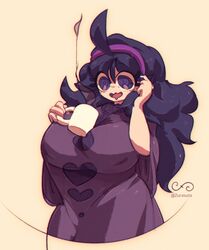  @_@ ahoge alternate_breast_size artist_name beige_background breasts cowboy_shot cup diadem dress drooling eyelashes female hex_maniac_(pokemon) highres holding holding_cup huge_breasts long_hair no_nose pokemon pokemon_xy purple_eyes purple_hair shiny_clothes smile solo standing taut_clothes taut_dress wavy_mouth zurasuta 