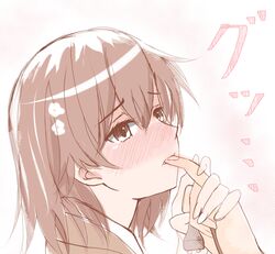  1boy blush bob_cut brown_eyes brown_hair brown_jacket commentary dress_shirt electric_plug female finger_in_another&#039;s_mouth flower hair_between_eyes hair_flower hair_ornament hairclip holding holding_hands jacket looking_at_viewer misaka_mikoto naughty_face nose_blush out_of_frame pink_background pov pov_hands profile raised_eyebrows school_uniform shirt short_hair shoya_(yama1979) solo_focus toaru_kagaku_no_railgun toaru_majutsu_no_index toaru_majutsu_no_index:_imaginary_fest tokiwadai_school_uniform white_background white_flower white_shirt winter_uniform 