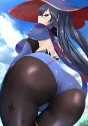  absurdres ass ass_focus back bad_id bad_pixiv_id black_hair blue_leotard blue_sky breasts brown_pantyhose bush capelet close-up cloud commentary elbow_gloves female from_behind from_below genshin_impact gloves gold_trim hat highres leotard long_hair looking_at_viewer looking_back mona_(genshin_impact) outdoors pantyhose sana!rpg shoulder_blades sky solo sparkle_print standing star_(sky) starry_sky thighlet twintails witch_hat 