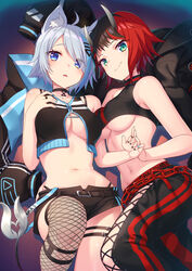  2girls ahoge animal_ears animare bare_arms bare_shoulders belt black_choker black_hair black_jacket black_pants black_shirt black_shorts blue_eyes blue_hair breasts chains choker crop_top fishnet_thighhighs fishnets green_eyes grey_hair highleg highres holding_hands horns jacket large_breasts looking_at_viewer midriff multicolored_hair multiple_girls nail_polish nanashi_inc. navel nishino_eri oerba_yun_fang pants parted_lips red_hair ryugasaki_rene ryugasaki_rene_(1st_costume) shirt short_hair short_shorts shorts single_thighhigh sleeveless sleeveless_shirt smile souya_ichika souya_ichika_(4th_costume) stomach streaked_hair sugar_lyric tail thighhighs two-tone_hair underboob unworn_jacket virtual_youtuber 