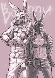  1boy abs animal_ears artist_name bra breasts caiman_(dorohedoro) cleavage collarbone cowboy_shot cracking_knuckles dorohedoro english_text facial_mark fake_animal_ears female gas_mask gloves hands_in_pockets holster holstered jacket knife long_hair long_sleeves mask miso-234 monochrome navel nikaidou_(dorohedoro) open_clothes open_jacket own_hands_together pants rabbit_ears shoulder_holster simple_background spikes standing toned toned_male underboob underwear 