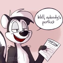  1:1 anthro black_body black_fur dialogue english_text fur holding_object holding_paper looney_tunes low_res male mammal mephitid motion_lines multicolored_body multicolored_fur narrowed_eyes open_mouth paper pepe_le_pew pink_background seductive simple_background skunk solo some_like_it_hot speech_bubble suspicious_spirit text two_tone_body two_tone_fur warner_brothers watermark white_body white_fur 