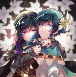  2boys androgynous bangs beret black_hair black_shirt blue_hair blurry blurry_background bow braid cape collared_cape commentary_request corset crying crying_with_eyes_open dark_persona dual_persona eyebrows_visible_through_hair flower frilled_sleeves frills genshin_impact gradient_hair green_eyes green_headwear hat hat_flower highres hug kokuchuutei leaf ligton1225 long_sleeves looking_at_viewer male_focus multicolored_hair multiple_boys purple_eyes purple_hair shirt short_hair_with_long_locks tears twin_braids venti_(genshin_impact) white_flower white_shirt 