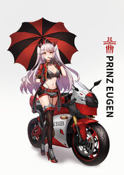  alternate_costume antenna_hair azur_lane belt black_choker black_panties black_thighhighs blush breasts bustier character_name choker cleavage collarbone commentary cropped_jacket cross eyebrows_hidden_by_hair female finger_to_mouth garter_straps gloves grey_gloves grey_shorts groin hair_between_eyes hair_ribbon high_heels highleg highleg_panties highres holding holding_umbrella iron_blood_(emblem) iron_cross jacket large_breasts long_hair looking_at_viewer midriff mole mole_on_breast motor_vehicle motorcycle multicolored_hair navel open_clothes open_jacket open_mouth orange_eyes panties prinz_eugen_(azur_lane) race_queen red_belt red_hair red_jacket red_ribbon ribbon rudder_footwear short_shorts short_sleeves shorts sidelocks simple_background solo standing streaked_hair swept_bangs teeth thighhighs two-tone_bustier two_side_up umbrella underwear upper_teeth_only very_long_hair vococo white_background white_hair 