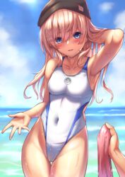  1other armpits baseball_cap black_headwear blue_eyes blue_sky blush breasts cloud collarbone commentary_request competition_swimsuit covered_navel cowboy_shot day female girls&#039;_frontline hat highleg highleg_swimsuit highres horizon light_brown_hair long_hair looking_at_viewer medium_breasts ocean one-piece_swimsuit open_mouth outdoors scar-l_(girls&#039;_frontline) sky solo_focus swimsuit thigh_gap water wet white_one-piece_swimsuit xlscaler 