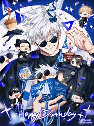  4boys black_hair black_jacket blue_eyes box chibi confetti female food getou_suguru gojou_satoru grin haibara_yu hair_between_eyes hand_up happy_birthday hat holding holding_box ieiri_shoko jacket jujutsu_kaisen kiyoro2 long_sleeves looking_at_viewer muffin multiple_boys nanami_kento party_hat round_eyewear short_hair smile sunglasses upper_body white_hair white_headwear yaga_masamichi 