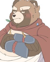  2021 absurd_res anthro belly blush brown_body canid canine clothed clothing gyobu_(tas) hi_res humanoid_hands jamiephut kemono leaf lifewonders male mammal overweight overweight_male raccoon_dog scar simple_background solo tanuki tokyo_afterschool_summoners white_background 