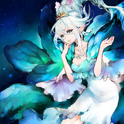  blue_dress breasts cleavage commentary_request crossed_bangs dress fairy_wings female final_fantasy final_fantasy_xiv flower frilled_dress frills green_eyes hair_between_eyes hair_flower hair_ornament hisato_ar jewelry long_hair looking_at_viewer medium_breasts necklace photoshop_(medium) pixie_(ff14) pointy_ears short_hair titania_(final_fantasy) translation_request wings 