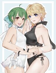  2girls absurdres asymmetrical_docking black_panties blonde_hair blue_eyes bow breast_press breasts brown_eyes dress from_side green_hair hair_behind_ear halterneck highres holding_another&#039;s_arm kabu_(kaopako_) macross macross_frontier macross_frontier:_toki_no_meikyu medium_breasts midriff multiple_girls navel open_mouth panties ranka_lee sheryl_nome sideboob small_breasts underwear white_bow white_dress 