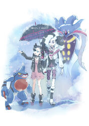  1boy ankle_boots asymmetrical_bangs belt black_footwear black_hair black_jacket boots brother_and_sister commentary_request cropped_jacket dress female green_eyes hair_ribbon highres holding holding_umbrella jacket kagio_(muinyakurumi) long_hair malamar marnie_(pokemon) multicolored_hair open_clothes open_jacket outstretched_arm piers_(pokemon) pink_dress pokemon pokemon_(creature) pokemon_swsh rain red_ribbon ribbon shared_umbrella siblings standing toxicroak two-tone_hair umbrella white_hair white_jacket 