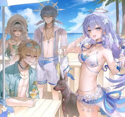  2boys 2girls aventurine_(honkai:_star_rail) aventurine_(waveflair)_(honkai:_star_rail) beach bikini black_hairband blonde_hair blue_hair blue_sky breasts brother_and_sister canine cleavage commentary cup english_commentary eyewear_on_head firefly_(honkai:_star_rail) green_shirt grey_hair hairband halo hand_on_headwear hat head_wings highres holding holding_cup honkai:_star_rail honkai_(series) jeieyeart jewelry large_breasts long_hair lying multiple_boys multiple_girls navel necklace ocean official_alternate_costume on_stomach robin_(honkai:_star_rail) robin_(summeretto)_(honkai:_star_rail) sarong shirt short_hair shorts siblings sky smile straw_hat sunday_(honkai:_star_rail) sunglasses swimsuit very_long_hair white_bikini white_sarong white_shorts white_wings wings yellow_eyes 