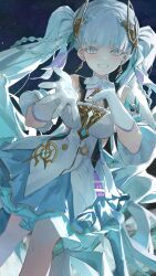 absurdres braid breasts commentary dress earrings female gloves highres jewelry jinhsi_(wuthering_waves) light_blush long_hair looking_at_viewer medium_breasts mole mole_on_cheek offering_hand official_alternate_costume outdoors purple_sky qwq22565156 sky smile solo star_(sky) starry_sky twintails untranslatable_commentary white_dress white_eyes white_gloves white_hair wuthering_waves 