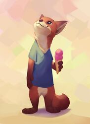  abstract_background ambiguous_gender anthro biped black_nose bottomless brown_eyes canid canine claws clothed clothing dessert elodoart featureless_crotch fluffy fluffy_tail food fox full-length_portrait fur gloves_(marking) hi_res holding_object ice_cream ice_cream_cone inner_ear_fluff leg_markings light lighting looking_up mammal markings orange_body orange_fur portrait red_fox shirt socks_(marking) solo tail toe_claws topwear true_fox tuft white_body white_fur 