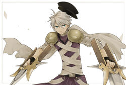  1boy armor assassin_(ragnarok_online) bandages black_hat cape closed_mouth commentary_request dagger flat_cap green_eyes hair_between_eyes hat holding holding_dagger holding_knife holding_weapon jamadhar knife looking_at_viewer male_focus negi_mugiya pants pauldrons purple_cape purple_pants purple_shirt ragnarok_online shirt short_hair shoulder_armor sleeveless sleeveless_shirt smile solo upper_body waist_cape weapon white_background white_hair 