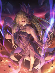  bare_shoulders black_dress blonde_hair braid braided_hair_rings braided_ponytail dress female fingernails granblue_fantasy hair_ribbon hair_rings halter_dress halterneck helel_ben_shalem highres long_hair multiple_braids pacifier red_eyes ribbon sachi_(160332) sharp_fingernails solo tattoo 