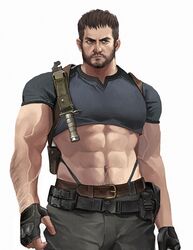  1boy abs alleveolive bara belt black_gloves black_pants black_shirt brown_belt chris_redfield closed_mouth cosplay crop_top cropped_shirt facial_hair fingerless_gloves gloves highres holster holstered knife_sheath large_pectorals leon_s._kennedy leon_s._kennedy_(cosplay) male_focus muscular muscular_male navel pants pectorals resident_evil sheath shirt shoulder_holster simple_background solo thong white_background 