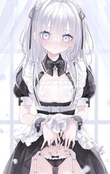  apron ass_visible_through_thighs bad_id bad_twitter_id blush bow bow_panties clothes_lift commentary_request cowboy_shot curtains dress dress_lift eyes_visible_through_hair female fingernails flat_chest frills garter_straps grey_eyes highres long_fingernails long_hair looking_at_viewer maid mashiro_shiki mikuro_(si10ra) original panties pasties pink_nails puffy_short_sleeves puffy_sleeves see-through short_sleeves signature solo standing two_side_up underwear waist_apron white_hair wrist_cuffs 