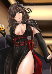  alcohol alternate_costume black_bow black_dress black_gloves bow bracelet braid braided_ponytail breasts brown_eyes brown_hair cleavage cleavage_cutout clothing_cutout cowboy_shot cup dress drink drinking_glass elbow_gloves eyepatch female flower girls&#039;_frontline gloves hair_flower hair_ornament hairbow highres holding indoors jewelry long_hair looking_to_the_side m16a1_(blazer_of_the_trail)_(girls&#039;_frontline) m16a1_(girls&#039;_frontline) medium_breasts mole mole_under_eye no_bra one_eye_covered parted_lips partially_fingerless_gloves sam_desu scar scar_across_eye scar_on_face side_slit sleeveless sleeveless_dress solo standing 