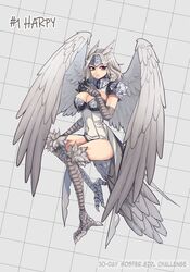  animal_ears armor awee bird_ears bird_legs bird_tail breasts brown_eyes claws cleavage covered_navel dress feathered_wings feathers female gorget harpy large_breasts medium_hair monster_girl numbered original parted_lips pauldrons scales shoulder_armor solo spiked_pauldrons tail talons thighs visor_(armor) white_dress white_feathers white_hair white_wings wings 