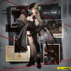  asymmetrical_pants bad_link black_footwear black_gloves black_pants blush book breasts brown_coat character_name cleavage closed_mouth coat coat_on_shoulders copyright_name double_bun female fingerless_gloves girls&#039;_frontline gloves green_hair gun hair_bun hair_ornament headphones headphones_around_neck highres holding holding_book holding_weapon imi_magal large_breasts looking_at_viewer magal_(girls&#039;_frontline) magal_(miss_magal)_(girls&#039;_frontline) medium_hair obiwan official_art pants promotional_art rifle shirt solo standing weapon white_shirt yellow_eyes 