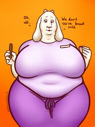  3:4 anthro belly big_belly big_breasts boss_monster_(undertale) bovid breasts caprine clothed clothing deltarune digital_media_(artwork) english_text female fur goat hi_res horn long_ears mammal mature_female navel overweight overweight_anthro overweight_female oystercatcher7 simple_background smile solo taking_order text thick_thighs toriel undertale undertale_(series) waiter white_body white_fur wide_hips 