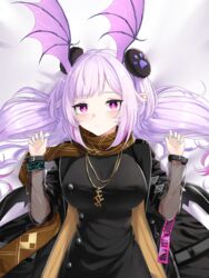  alternate_breast_size arknights black_dress black_jacket black_wristband blue_nails blush breasts brown_scarf clothes_writing dakimakura_(medium) dress female hands_up head_wings highres infection_monitor_(arknights) jacket jewelry large_breasts lying manticore_(arknights) manticore_(invisible_dirge)_(arknights) multicolored_hair nail_polish necklace official_alternate_costume on_back open_clothes open_jacket pointy_ears purple_hair scarf simple_background solo streaked_hair twintails white_background wings xooku 