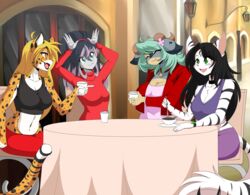  absurd_res anthro bovid breasts caprine cheetah clothed clothing container cup domestic_cat felid feline felis female fully_clothed furniture goat group hi_res mammal mihari pantherine sagestrike2_(artist) table tiger 