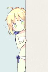  87banana ahoge artoria_pendragon_(fate) bare_shoulders bikini blonde_hair blush closed_mouth commentary fate/hollow_ataraxia fate/stay_night fate_(series) female green_eyes hair_ribbon looking_at_viewer nervous official_alternate_costume ribbon saber_(fate) solo strapless strapless_bikini swimsuit white_bikini 