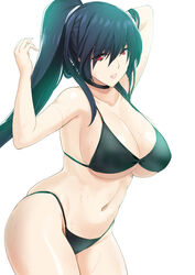  arms_up bikini black_bikini black_hair breasts choker choukou_sennin_haruka escalation_heroines female hair_between_eyes highres large_breasts long_hair looking_at_viewer official_art onigirikun pink_lips ponytail red_eyes solo subaru_(choukou_sennin_haruka) swimsuit water_drop white_background 