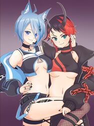  2girls ahoge animal_ear_fluff animal_ears animare belt black_belt black_hair black_jacket black_nails black_pants black_shorts black_sports_bra blue_eyes blue_hair blue_nails blush breasts chains closed_mouth crop_top cross-laced_pants demon_girl demon_horns dog_ears ear_chain earrings fishnet_legwear fishnets hand_on_another&#039;s_face hand_on_another&#039;s_thigh headset highres horns jacket jewelry k_waremono kneehighs long_hair long_sleeves looking_at_viewer medium_breasts multicolored_hair multiple_girls nail_polish nanashi_inc. navel oerba_yun_fang pants pointy_ears red_hair red_sports_bra ring ryugasaki_rene ryugasaki_rene_(1st_costume) short_hair short_shorts shorts socks souya_ichika souya_ichika_(4th_costume) sports_bra sugar_lyric two-tone_hair two-tone_sports_bra underboob virtual_youtuber 