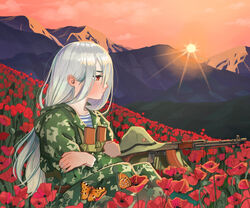  afghanistan bug butterfly camouflage camouflage_jacket camouflage_pants commentary crossed_arms feet_out_of_frame female flower grey_hair gun hammer_and_sickle jacket kalashnikov_rifle light_machine_gun long_hair magazine_(weapon) mountain original outdoors pants poppy_(flower) red_eyes red_flower red_sky rifle rpk-74 russian_commentary shirt sitting sky soldier solo soviet soviet_army striped_clothes striped_shirt sun sunset teaparty telnyashka unworn_headwear vdv war_in_afghanistan weapon 