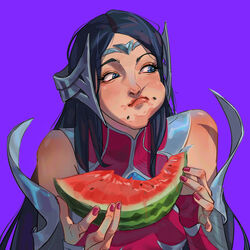  bare_shoulders black_hair breasts commentary eating female fingerless_gloves food food_on_face fruit gloves highres irelia large_breasts league_of_legends long_hair nail_polish parted_bangs purple_background qi_mang_(qimang) red_nails seed shiny_skin simple_background solo symbol-only_commentary watermelon 