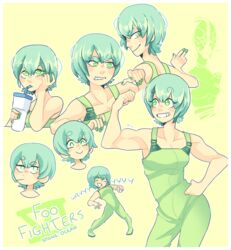  blush boukken character_name copyright_name cowboy_shot drink drinking drinking_straw drinking_straw_in_mouth eyebrows_visible_through_hair female flexing foo_fighters foo_fighters_(stand) green_eyes green_hair green_nails green_overalls green_theme hand_on_hip highres holding holding_drink jojo_no_kimyou_na_bouken multiple_views parted_lips pose profile short_hair smile stand_(jojo) stone_ocean upper_body 