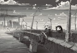  2girls chito_(shoujo_shuumatsu_ryokou) closed_mouth coat commentary fishing gloves greyscale helmet highres leoleonardk10 long_hair long_sleeves looking_at_another looking_away monochrome multiple_girls nuko_(shoujo_shuumatsu_ryokou) outdoors shoujo_shuumatsu_ryokou sitting yuuri_(shoujo_shuumatsu_ryokou) 