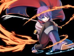  1boy black_background blue_eyes boots cape embers luka_(mon-musu_quest!) male_focus mon-musu_quest! mon-musu_quest:_paradox official_art open_mouth purple_hair shiki_(psychedelic_g2) short_hair simple_background solo sword weapon 