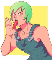  artist_name border female foo_fighters green_hair hand_up herzspalter highres jojo_no_kimyou_na_bouken long_tongue looking_at_viewer orange_eyes shadow short_hair simple_background solo stone_ocean tongue tongue_out upper_body white_border yellow_background 