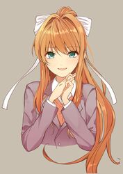  absurdres blazer bow brown_hair buttons cropped_torso doki_doki_literature_club female green_eyes grey_background grey_jacket hair_between_eyes hairbow hands_up happy highres interlocked_fingers jacket long_hair long_sleeves looking_at_viewer monika_(doki_doki_literature_club) open_mouth orange_vest school_uniform shirt sidelocks simple_background smile solo upper_body very_long_hair vest white_bow white_shirt yoshioka_pochi 