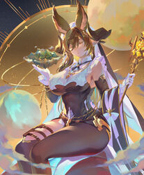  absurdres animal_ears bare_shoulders breasts brown_hair closed_eyes commentary_request detached_sleeves extra_ears female floating_island frilled_sleeves frills galleon_(granblue_fantasy) giant giantess gloves granblue_fantasy hair_between_eyes highres holding holding_staff horns jewelry kiriyama2109 large_breasts long_hair planet pointy_ears sitting solo staff thigh_strap thighs very_long_hair white_gloves 