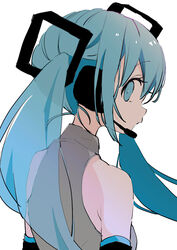  3774. aqua_eyes aqua_hair bare_shoulders black_sleeves commentary detached_sleeves female from_behind grey_shirt hair_ornament hatsune_miku headphones headset long_hair looking_at_viewer looking_back shirt sleeveless sleeveless_shirt solo twintails upper_body very_long_hair vocaloid white_background 