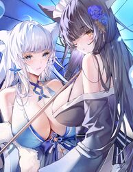  2girls animal_ears azur_lane bare_shoulders black_hair black_kimono blue_collar blue_dress blue_eyes blue_umbrella breasts center_opening chinese_commentary cleavage collar commentary_request dress evening_gown feather_boa flower fox_ears fox_girl from_side hair_flower hair_ornament halter_dress halterneck highres huge_breasts japanese_clothes kimono kitsune long_hair looking_at_another looking_at_viewer maid_headdress multiple_girls musashi_(azur_lane) musashi_(violet_moonglow)_(azur_lane) official_alternate_costume oil-paper_umbrella one_eye_closed purple_flower shinano_(azur_lane) shinano_(dreams_of_the_hazy_moon)_(azur_lane) sideboob sleeveless sleeveless_dress umbrella upper_body white_hair xiongshouji yellow_eyes 